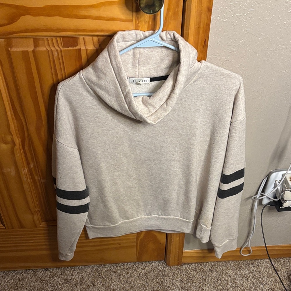 Stylish Beige Cowl Neck Sweater with Black Stripes